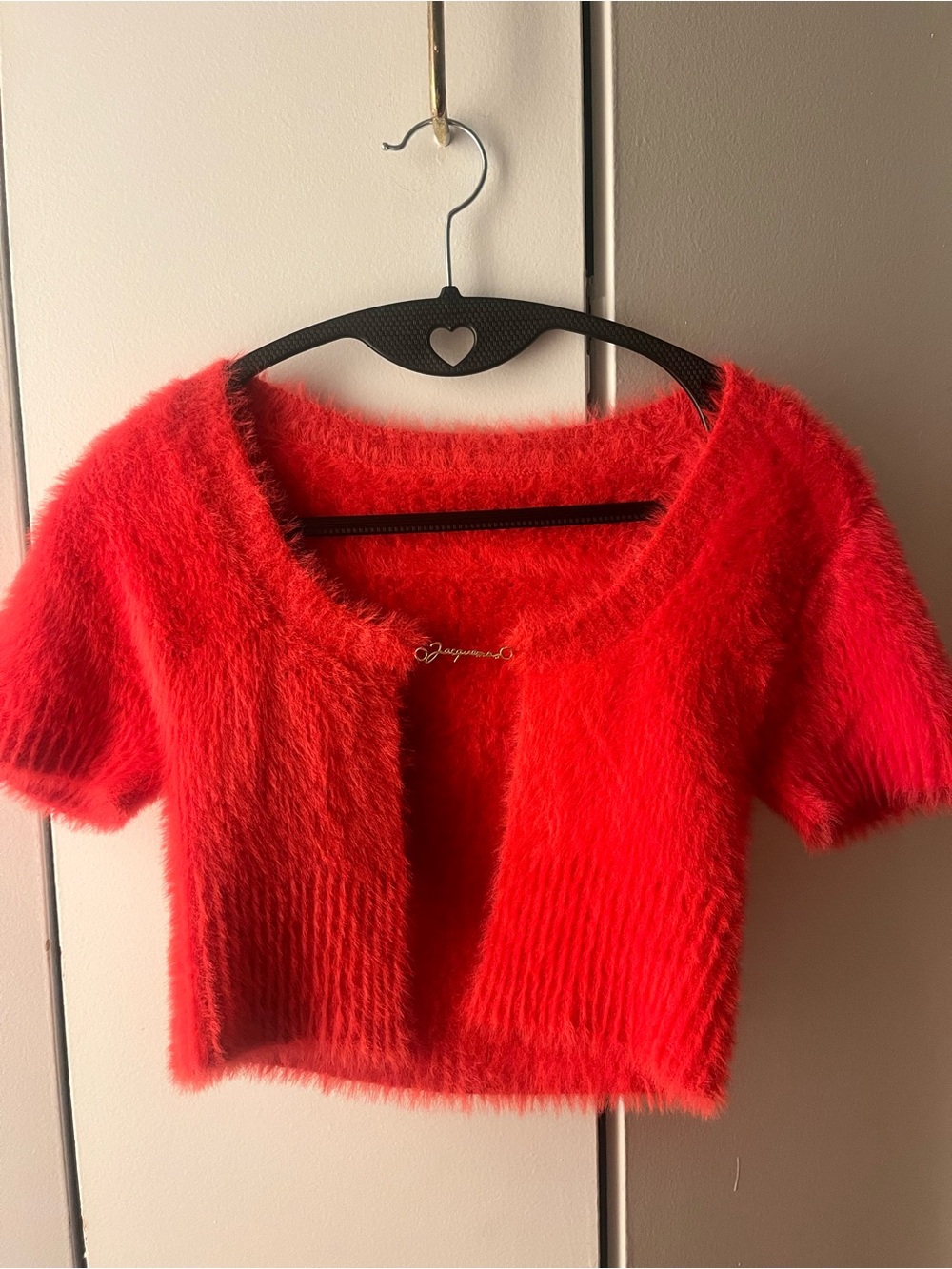 Bright Red Fuzzy Short-Sleeve Women's Sweater